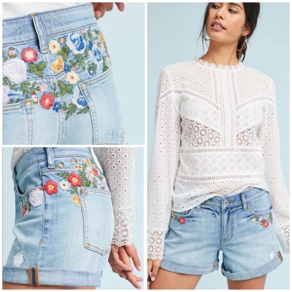 Pilcro Mid-Rise Floral Embroidered Boyfriend Short